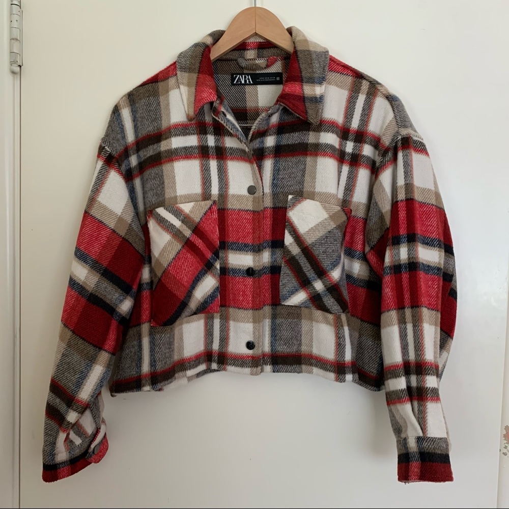 Zara Cropped Plaid Overshirt in Red